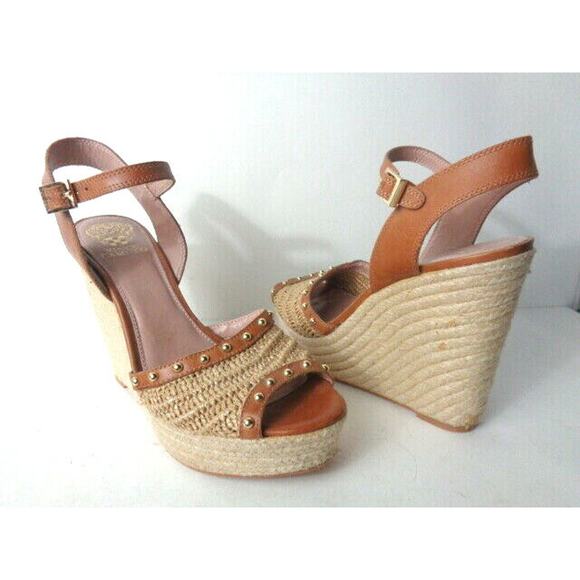VINCE CAMUTO EUR US 10M Halen Cloud Brown Leather Espadrille Wedge Sandals Shoes - Picture 1 of 7